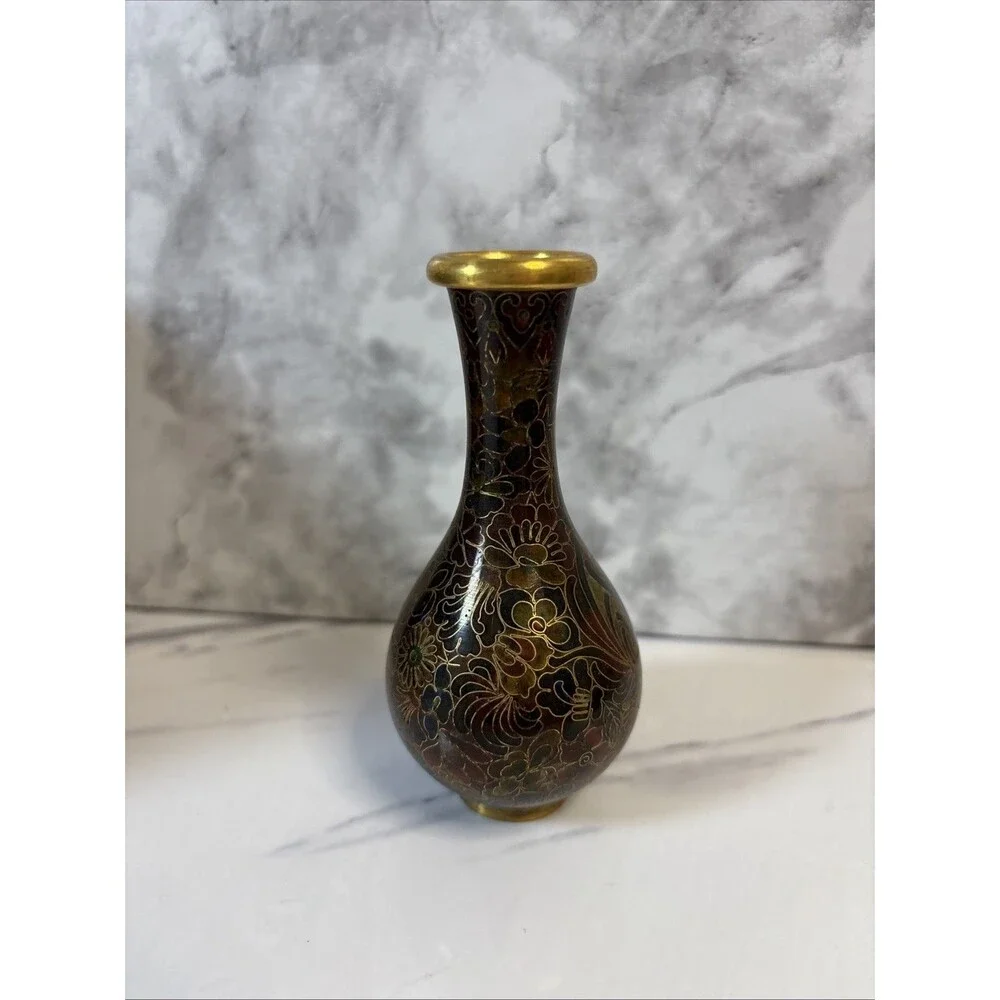 Cloisonné vase brown, burgundy, black floral 4
